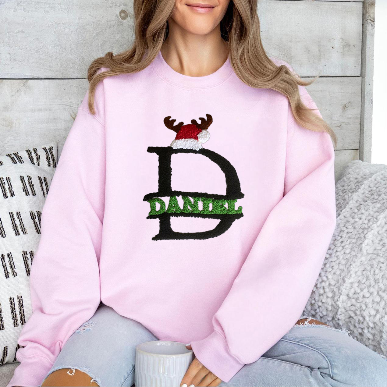 Custom Punch Needle Embroidered Christmas Initials Sweatshirt, Name Can Be Added.