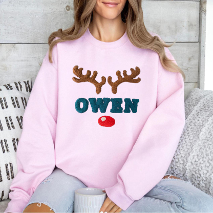 Custom Name Sweatshirt With Punch Needle Embroidered Christmas Antlers