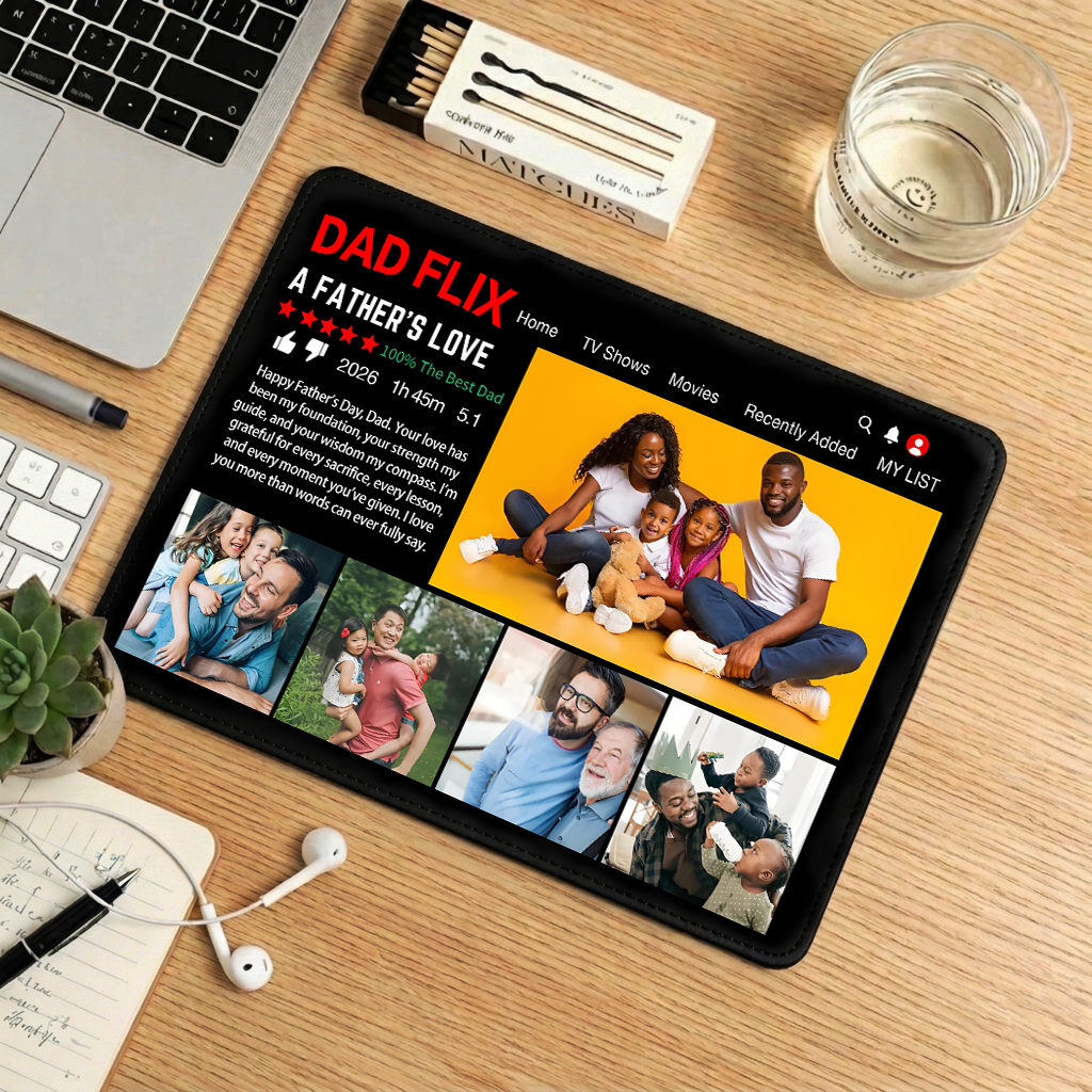 Custom DAD FLIX A Father's Love - Personalized Streaming Service Desk Mat with Multiple Photos & Text - Funny Father's Day Gift 