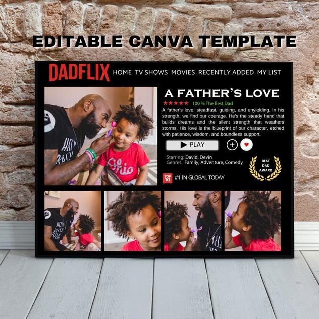Custom Dad Frame Father's Day Gift,Best Dad Ever, Dadflix, Movie Poster Canva Template