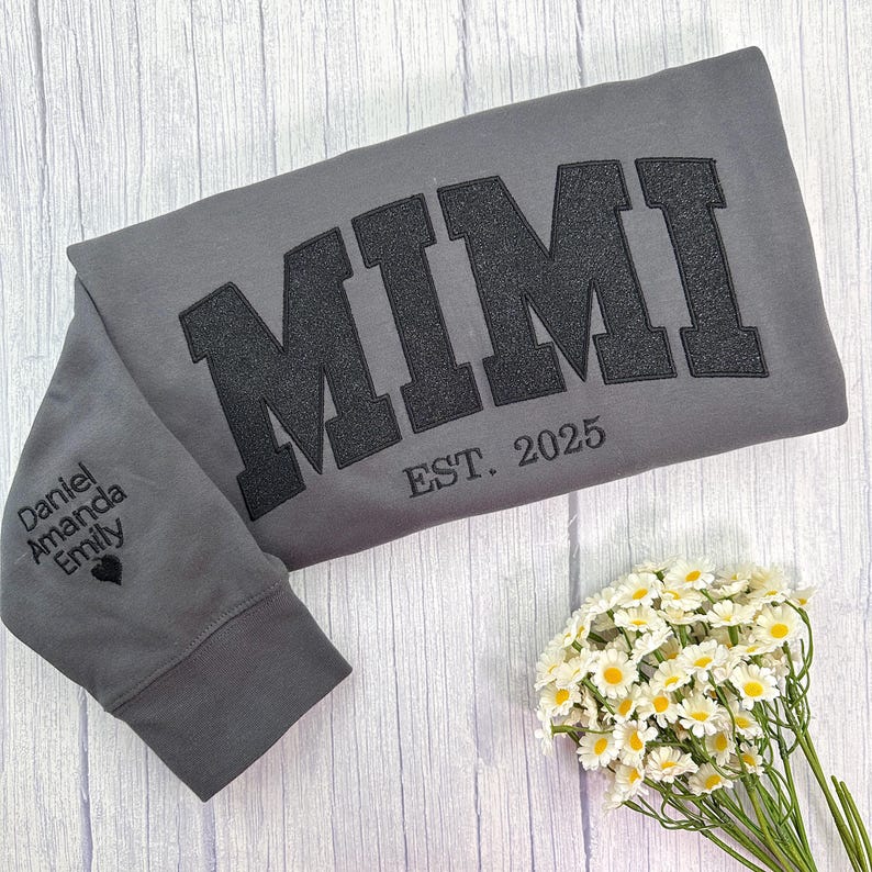 Embroidered Applique Glitter Mama Sweatshirt with Kids Names on Sleeve