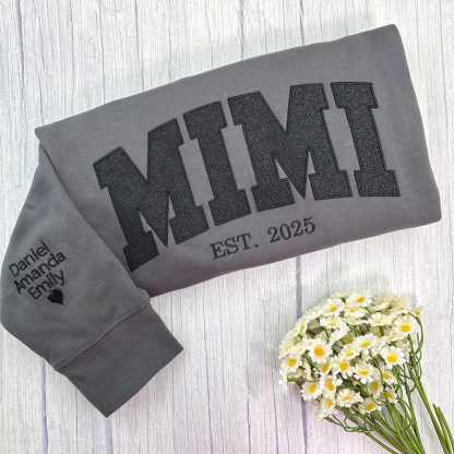 Embroidered Applique Glitter Mama Sweatshirt with Kids Names on Sleeve