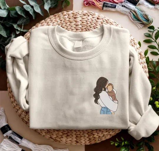 Custom Embroidered Photo Portrait Hoodie/Sweatshirt for Mom – Upload Your Precious Photo of Mom & Kids