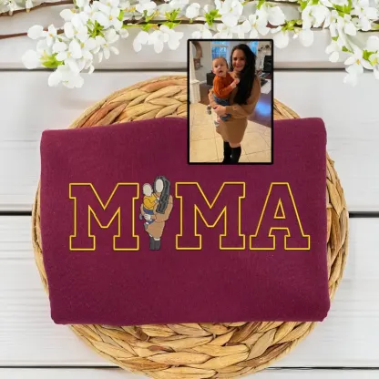Custom Mama Sweatshirt, Photo Hoodie, Embroidered Mama and Kids Portrait, Varsity Shirt, Personalized Embroidery Shirt for Mom
