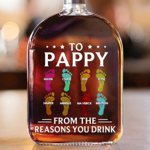 To My First And Forever Hero - Footprints With Child's Name - Whiskey Bottle For Dad And Grandpa On Father's Day