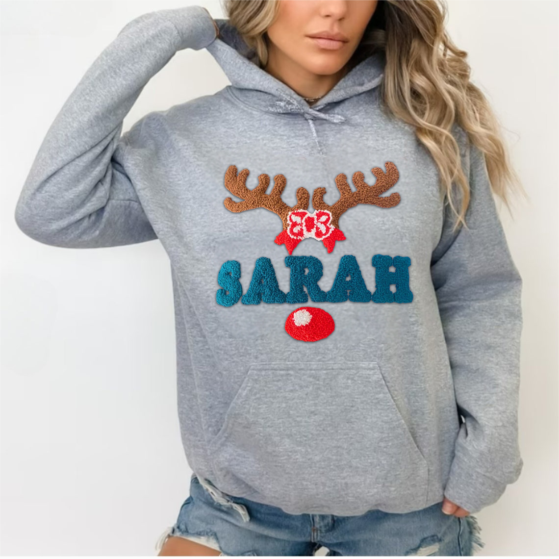 Custom Name Sweatshirt With Punch Needle Embroidered Christmas Antlers