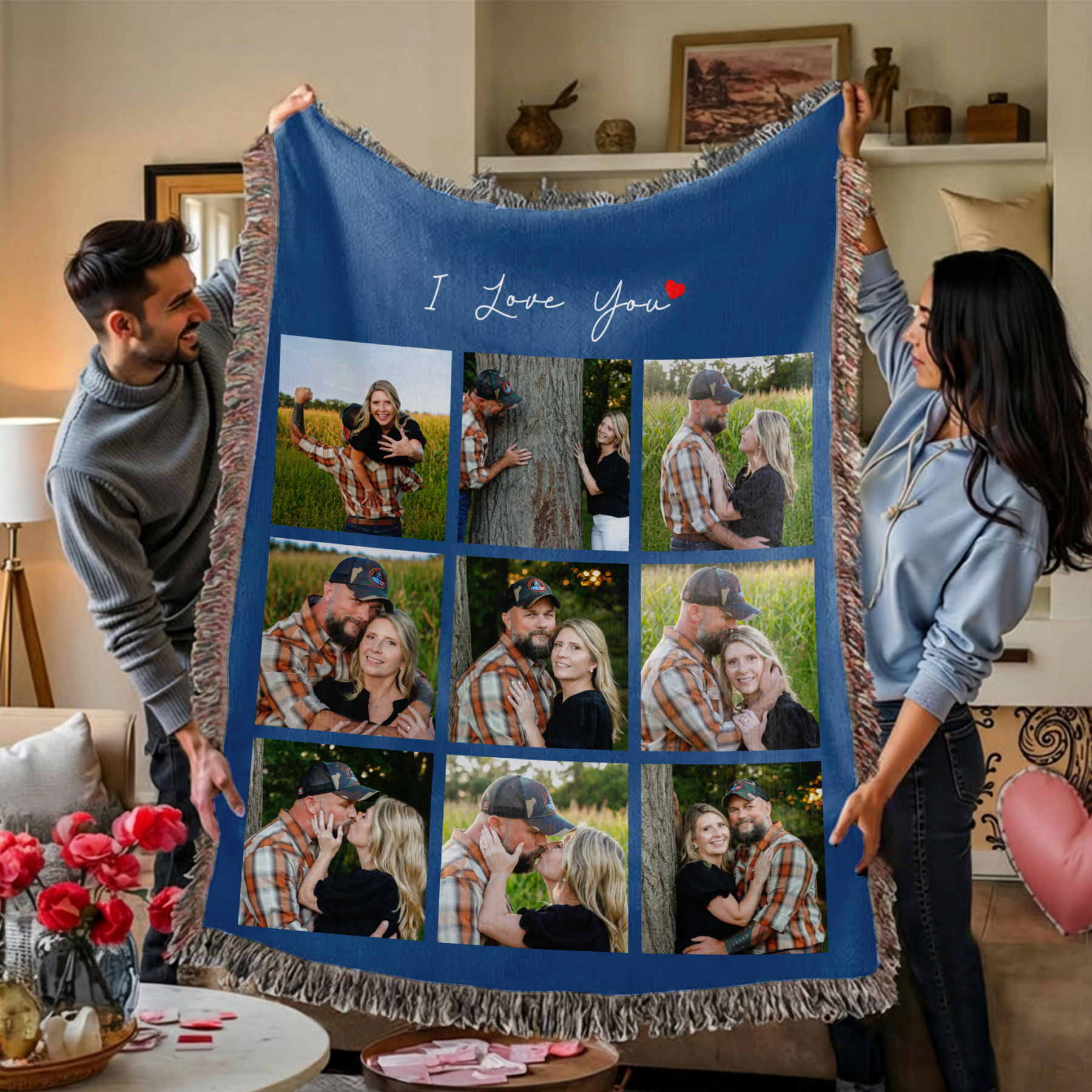 Custom Photo Tassel Blanket Gift For Couples Family