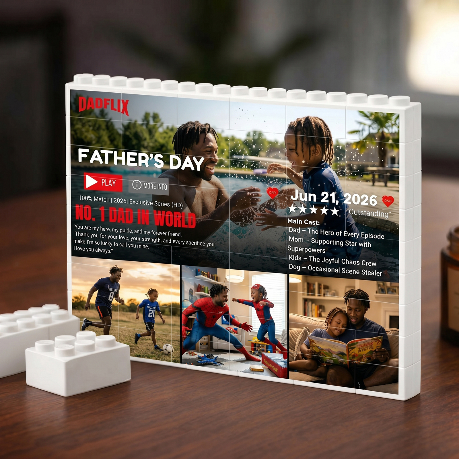 Personalized Dadflix King of Dads Building Blocks - Custom Photo Collage Bricks for Dad - Father's Day Gift