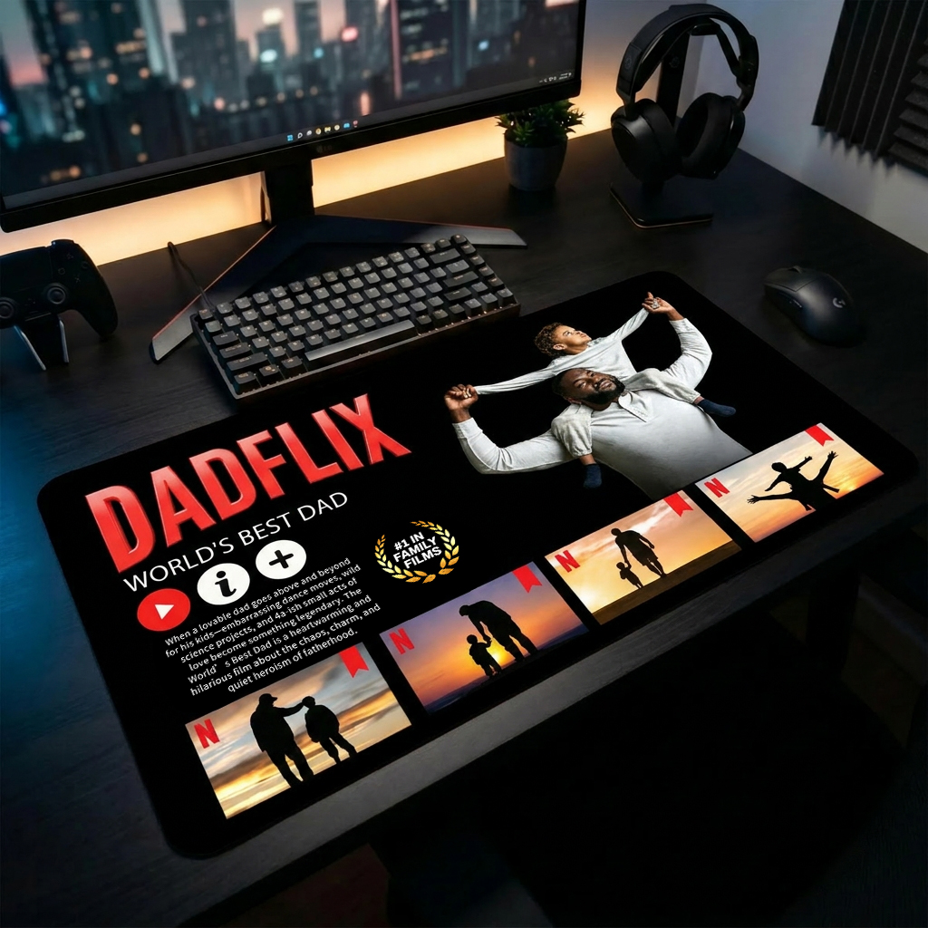 Custom DADFLIX World‘s Best DAD - Personalized Streaming Service Desk Mat with Multiple Photos & Text - Funny Father's Day Gift 
