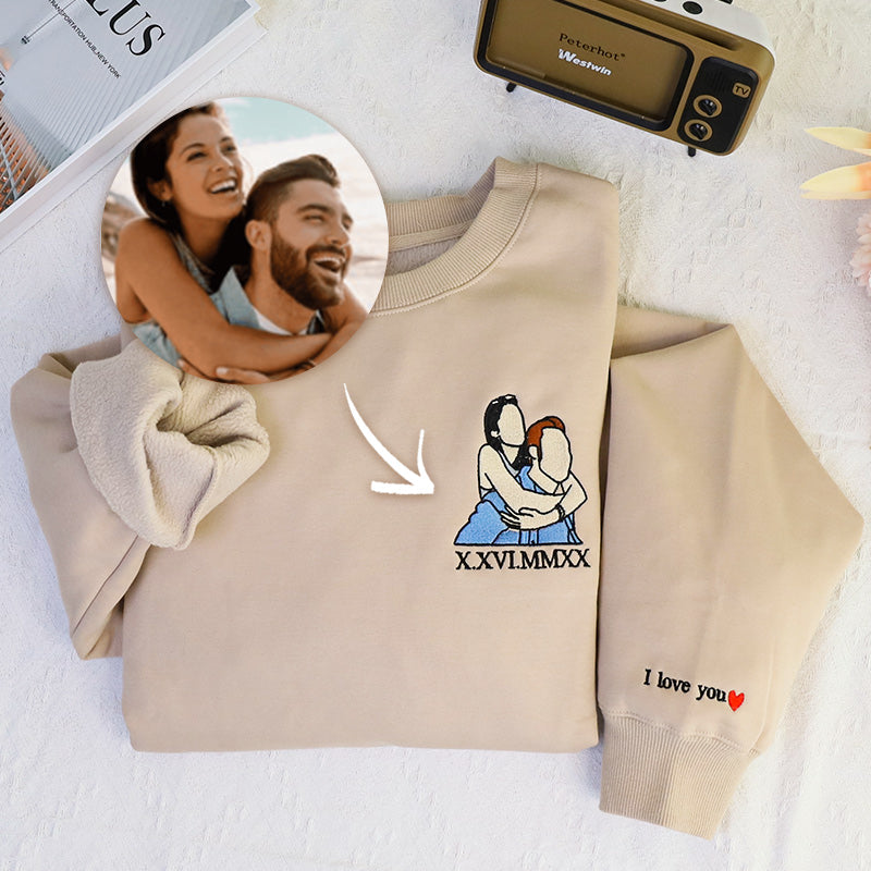Custom Embroidered Sweatshirt Portrait - Personalized Couple Gift, Add Roman Numerals at the Bottom of Photo, Perfect Anniversary Gift