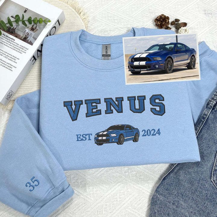 Personalized Sweatshirt Embroidered Car Photo Line Design Custom Name Attractive Gift for Car Lovers