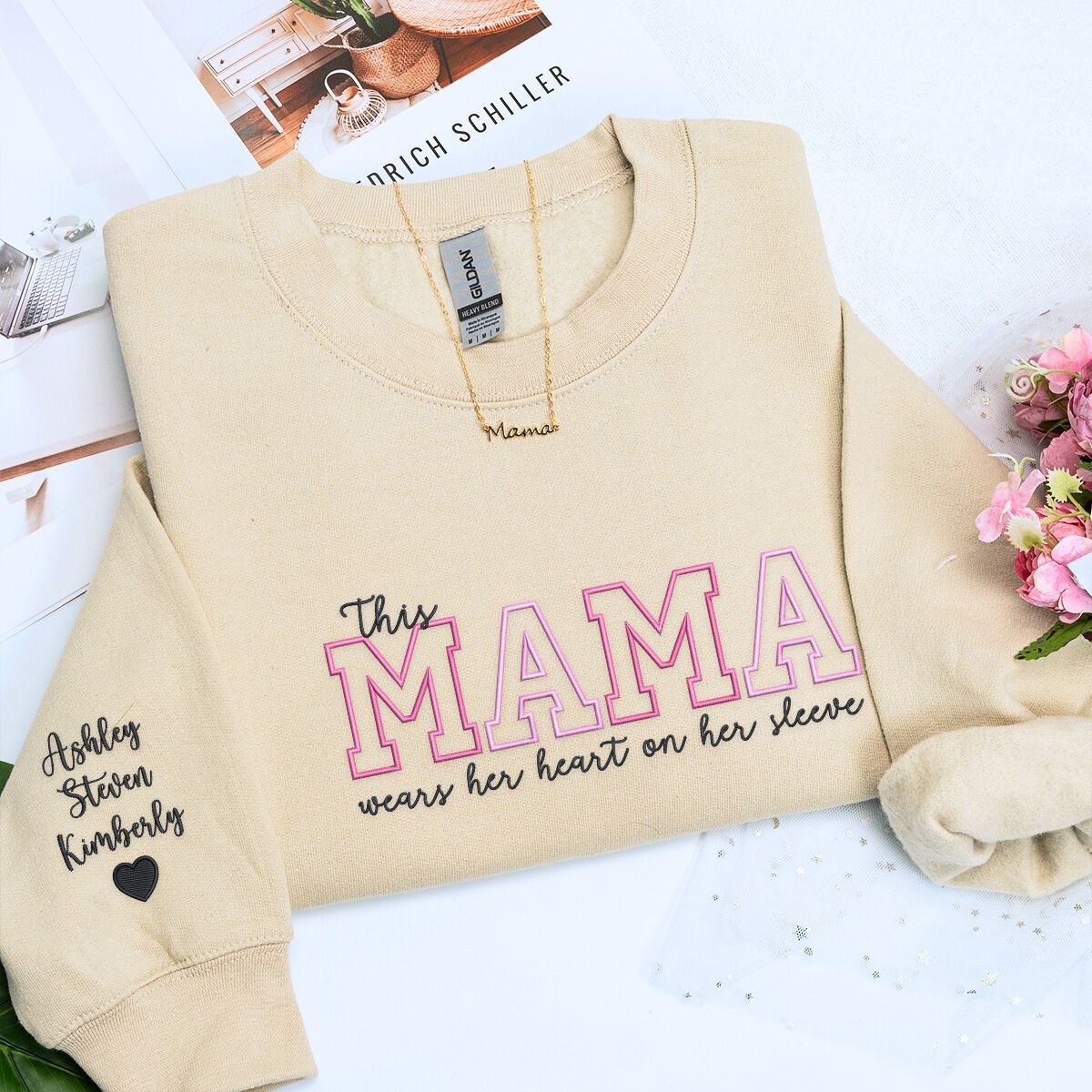 💖 This Mama Wears Her Heart on Her Sleeve – Custom Embroidered Sweatshirt or Hoodie