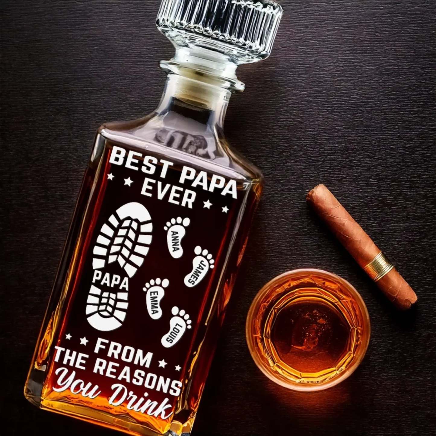 Custom Best Dad Ever Footprint Whiskey Bottle With Child's Name, Gift For Dad