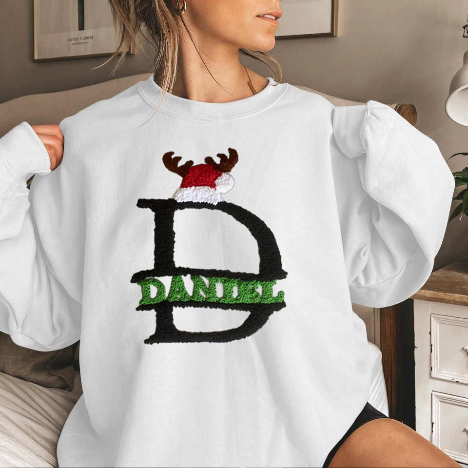 Custom Punch Needle Embroidered Christmas Initials Sweatshirt, Name Can Be Added.