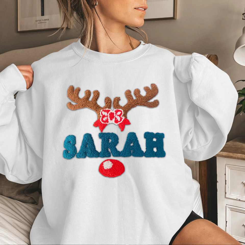 Custom Name Sweatshirt With Punch Needle Embroidered Christmas Antlers