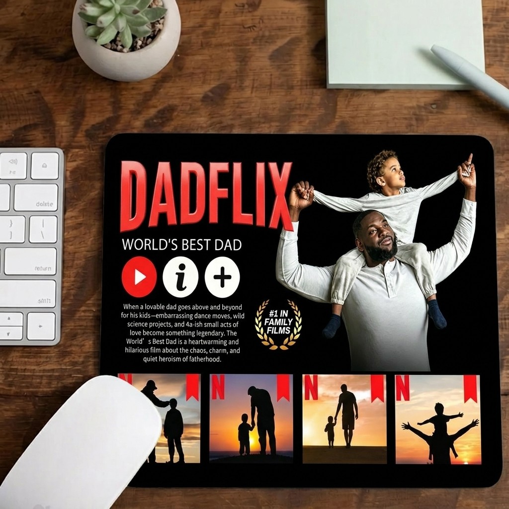 Custom DADFLIX World‘s Best DAD - Personalized Streaming Service Desk Mat with Multiple Photos & Text - Funny Father's Day Gift 