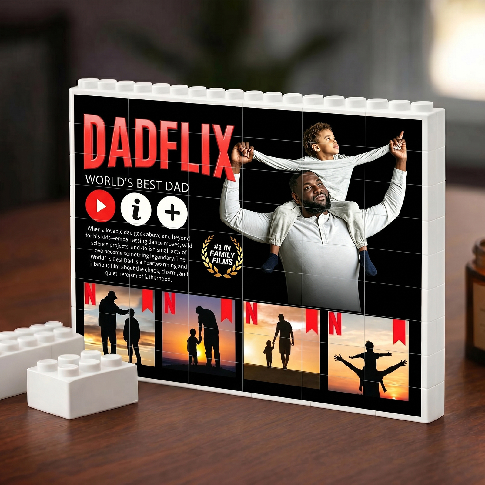 Personalized Dadflix Bold Opening Scene Building Blocks - Custom Photo Collage Bricks for Dad - Father's Day Gift