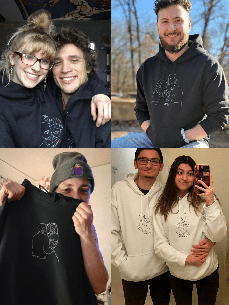 Custom Couples Portrait Outline Embroidery Hoodie