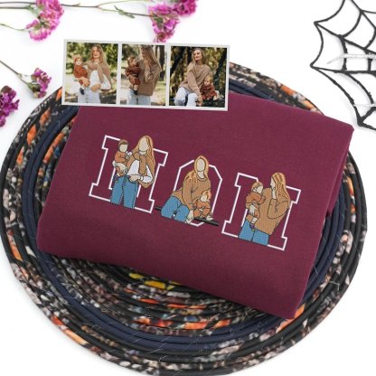 🎨💖 Custom Family Portrait Embroidered Sweatshirt – A Special Gift for Mom and Dad Featuring Kids' Drawing & Nicknames on Sleeves