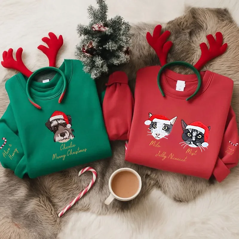 Custom Embroidered Pet Portrait Christmas Sweatshirt Hoodie T-shirt Christmas Gift