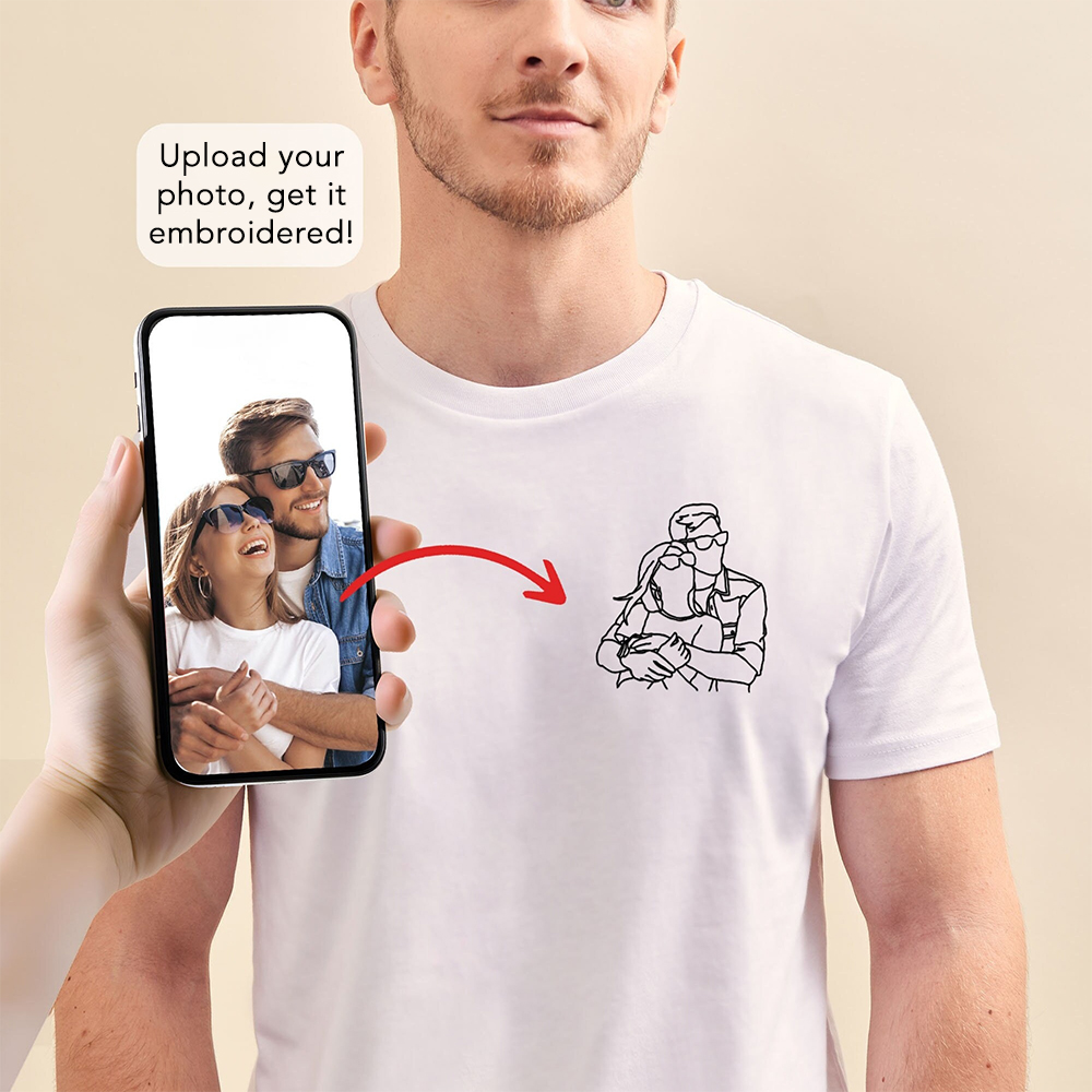 Custom Embroidered Line Drawing Portrait T-shirt & Sweatshirt - Personalized Photo Embroidery, Perfect Gift for Father's Day & Mother's Day, Unisex Custom Apparel