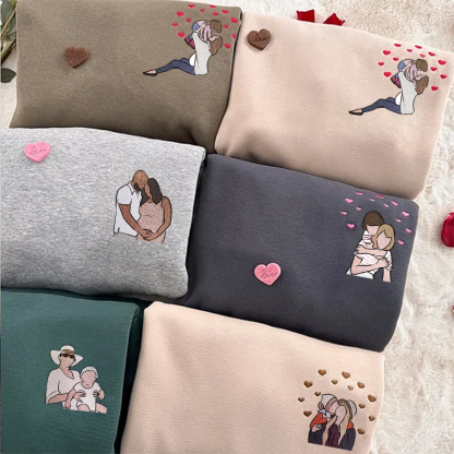 Custom Embroidered Mom Portrait Sweatshirt from Photo – Personalized New Mom or Mom & Kids Portrait, Heartfelt Background, Perfect Family Gift