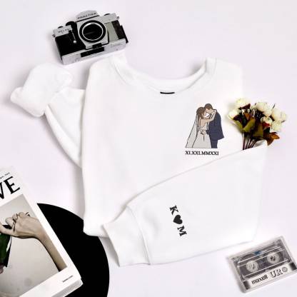 Custom Embroidered Sweatshirt Portrait - Personalized Couple Gift, Add Roman Numerals at the Bottom of Photo, Perfect Anniversary Gift