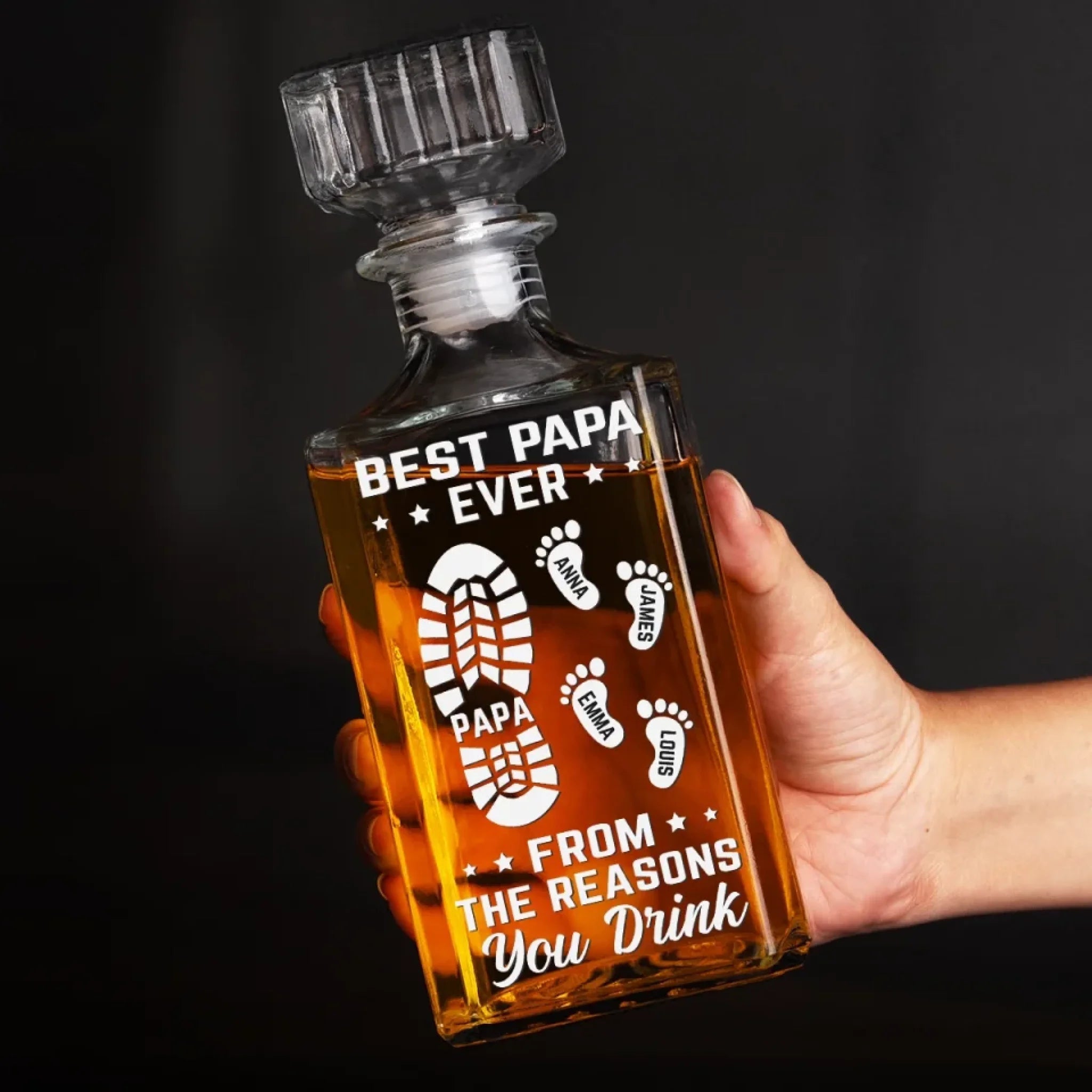 Custom Best Dad Ever Footprint Whiskey Bottle With Child's Name, Gift For Dad
