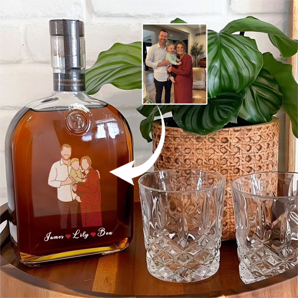 Custom Colored Portrait Whiskey Bottle, Family Portrait Design With Names, Best Gift For Father's Day