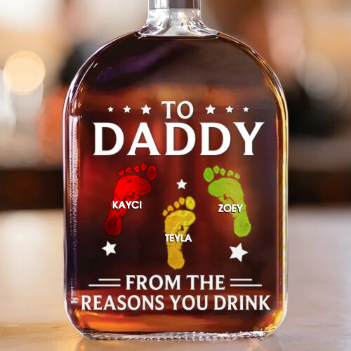 To My First And Forever Hero - Footprints With Child's Name - Whiskey Bottle For Dad And Grandpa On Father's Day