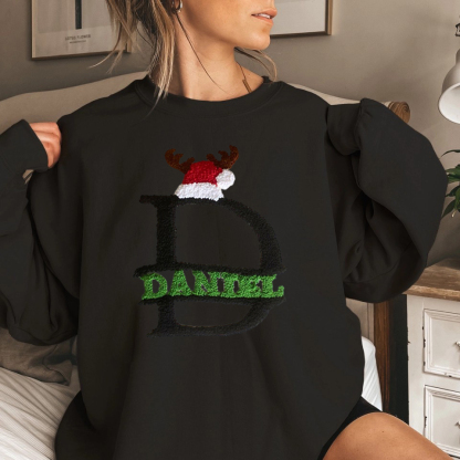 Custom Punch Needle Embroidered Christmas Initials Sweatshirt, Name Can Be Added.