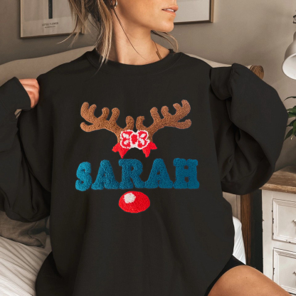 Custom Name Sweatshirt With Punch Needle Embroidered Christmas Antlers