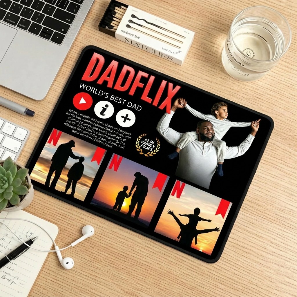 Custom DADFLIX World‘s Best DAD - Personalized Streaming Service Desk Mat with Multiple Photos & Text - Funny Father's Day Gift 