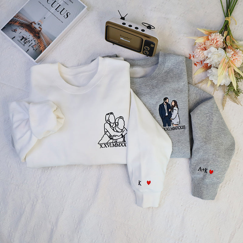 Custom Embroidered Sweatshirt Portrait - Personalized Couple Gift, Add Roman Numerals at the Bottom of Photo, Perfect Anniversary Gift