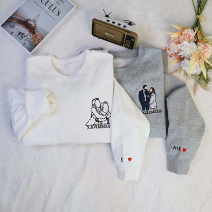 Custom Embroidered Sweatshirt Portrait - Personalized Couple Gift, Add Roman Numerals at the Bottom of Photo, Perfect Anniversary Gift