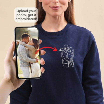 Custom Embroidered Line Drawing Portrait T-shirt & Sweatshirt - Personalized Photo Embroidery, Perfect Gift for Father's Day & Mother's Day, Unisex Custom Apparel