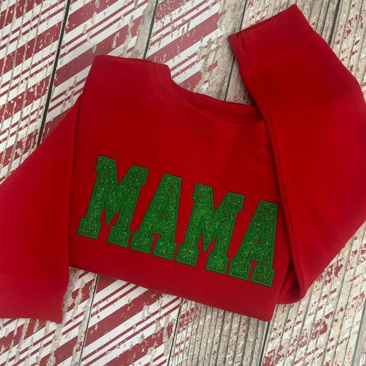Embroidered Applique Glitter Mama Sweatshirt with Kids Names on Sleeve