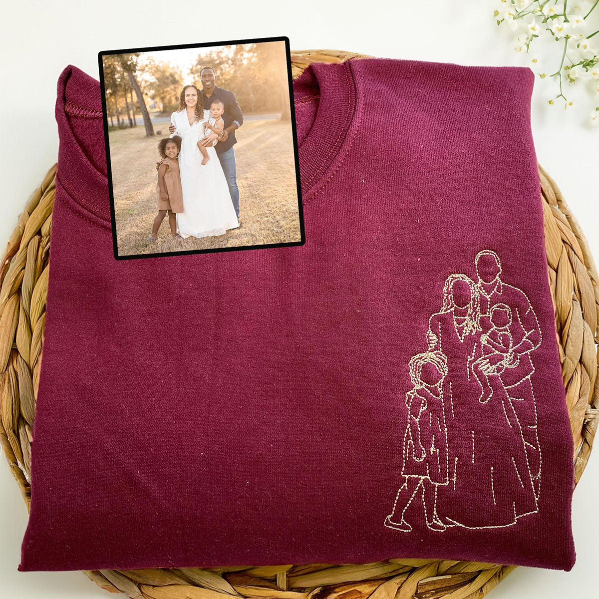 Custom Outline Embroidered Sweatshirt – Upload Your Special Moment Design, the Perfect Gift for Mom, Dad, Couples, and Family!