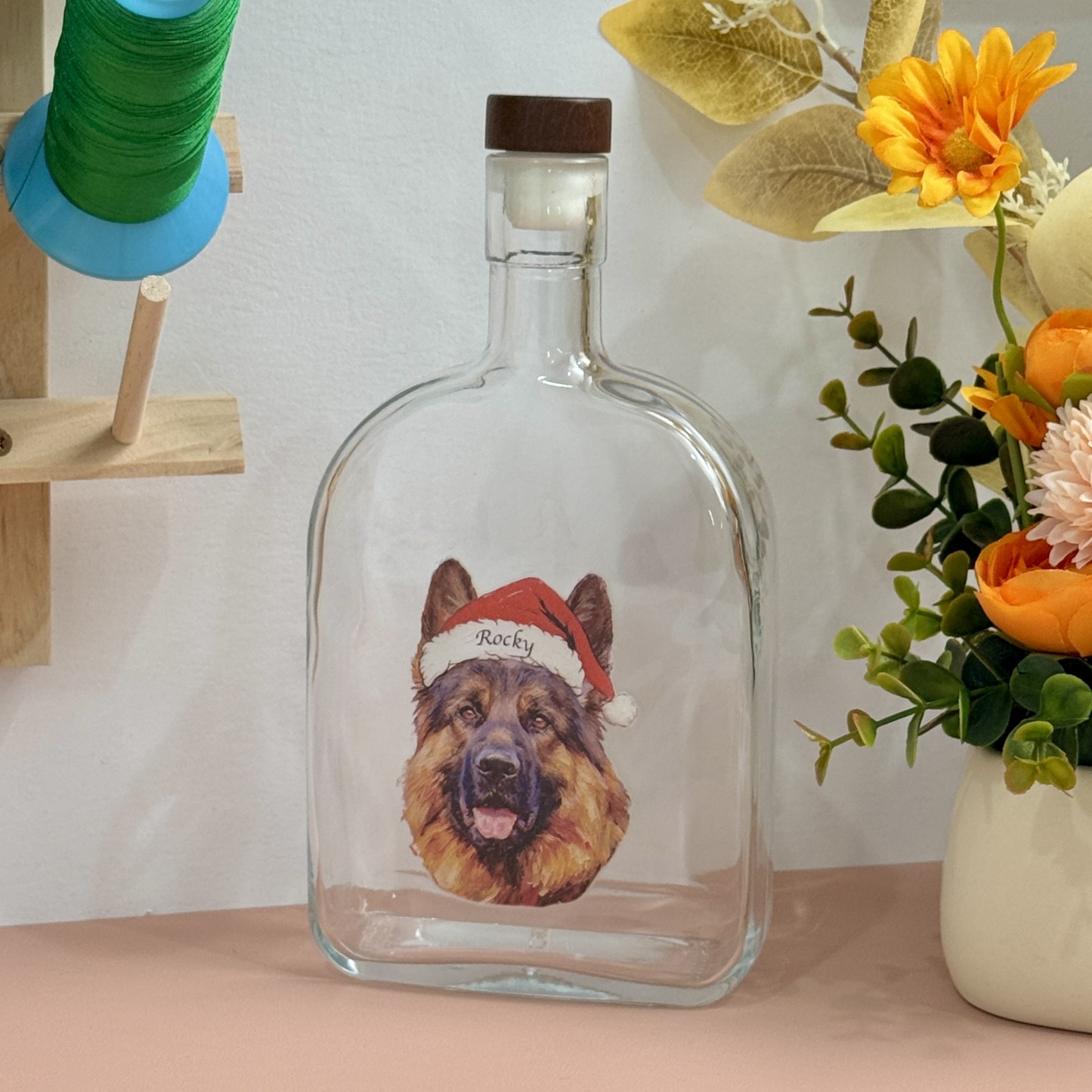 Custom Pet Portrait Christmas Oil Painting Style Whiskey Bottle