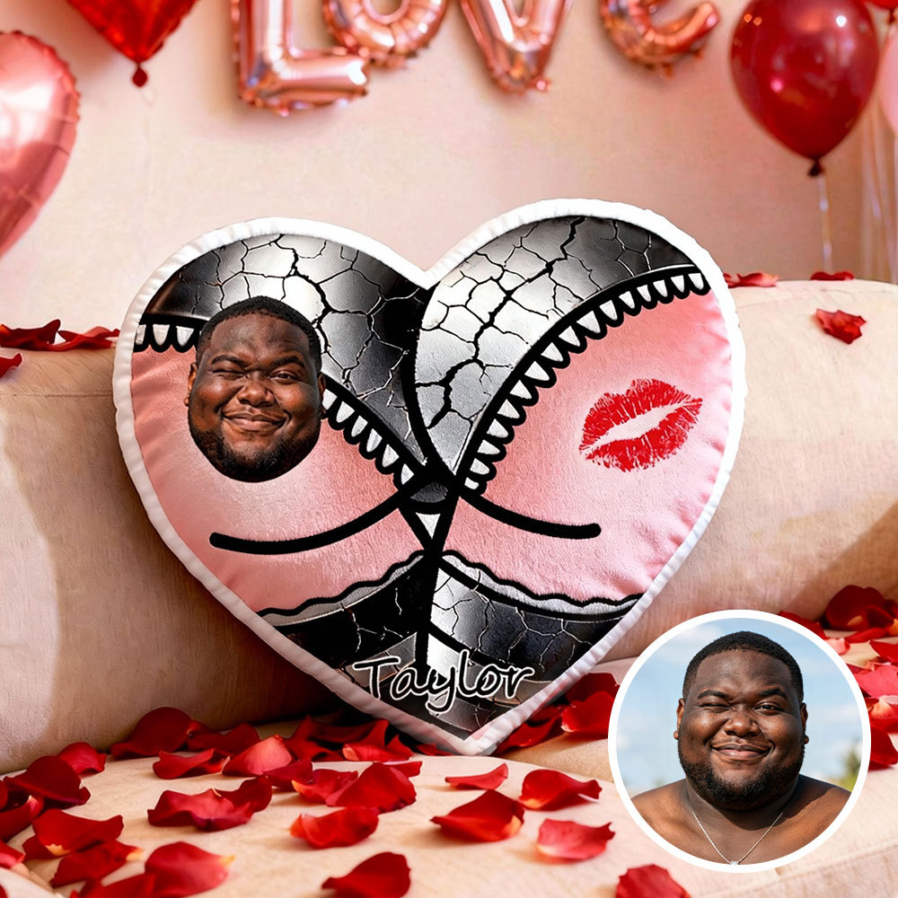 Customized Couple Photo Pillow – Red Heart-Shaped Personalized Pillow With Leather Pants Design, Valentine's Day Gift