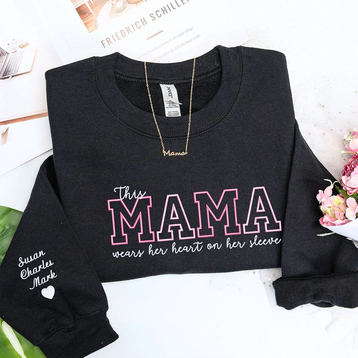 💖 This Mama Wears Her Heart on Her Sleeve – Custom Embroidered Sweatshirt or Hoodie