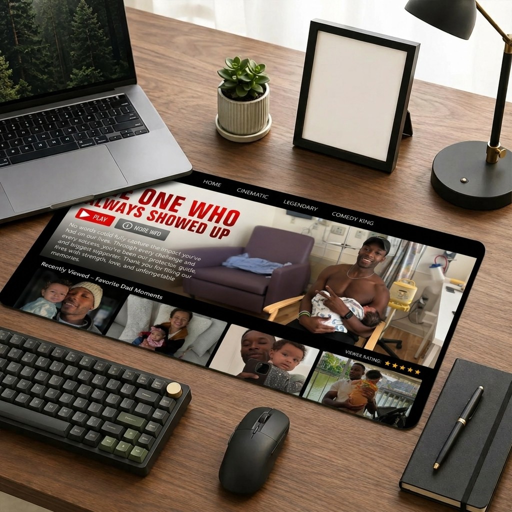 Custom DADFLIX The One Who Always Showed Up - Personalized Streaming Service Desk Mat with Multiple Photos & Text - Funny Father's Day Gift 