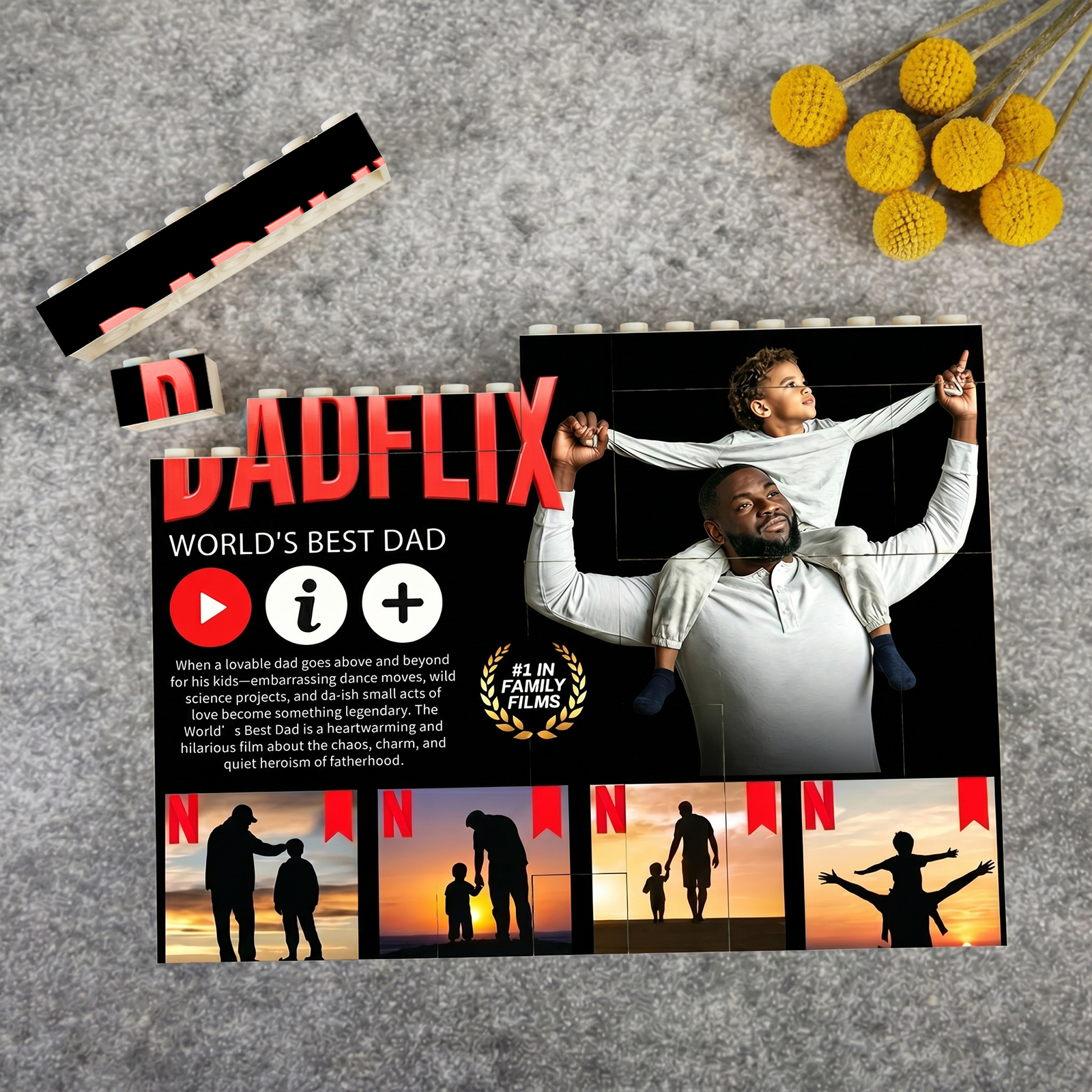 Personalized Dadflix Bold Opening Scene Building Blocks - Custom Photo Collage Bricks for Dad - Father's Day Gift