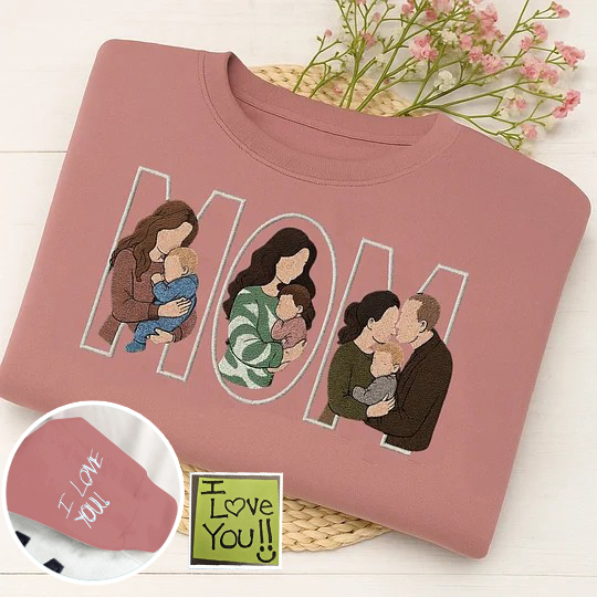 🎨💖 Custom Family Portrait Embroidered Sweatshirt – A Special Gift for Mom and Dad Featuring Kids' Drawing & Nicknames on Sleeves