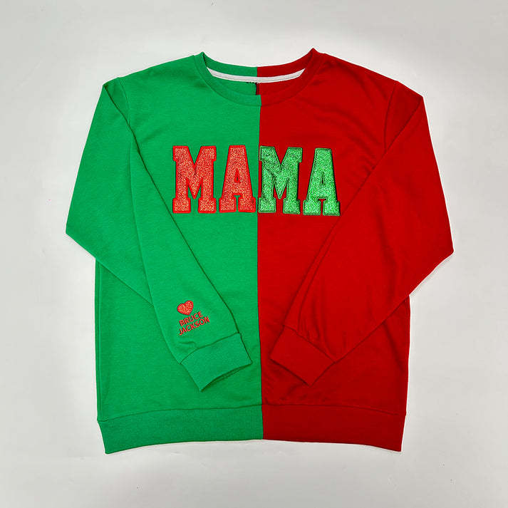 Custom Glitter Two Tone MAMA Embroidered Sweatshirt With Kid's Name On Sleeve
