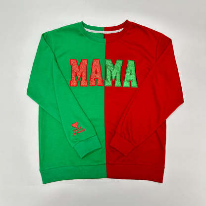 Custom Glitter Two Tone MAMA Embroidered Sweatshirt With Kid's Name On Sleeve