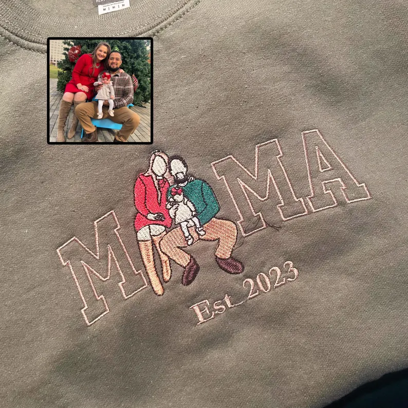 Custom Mama Sweatshirt, Photo Hoodie, Embroidered Mama and Kids Portrait, Varsity Shirt, Personalized Embroidery Shirt for Mom