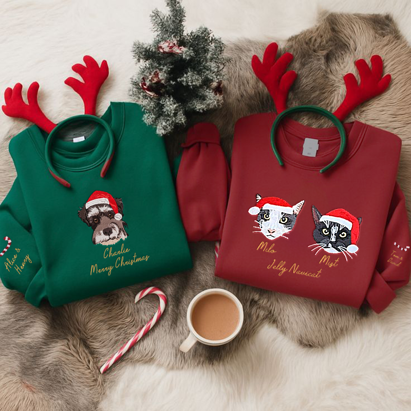 Custom Embroidered Pet Portrait Christmas Sweatshirt Hoodie T-shirt Ch