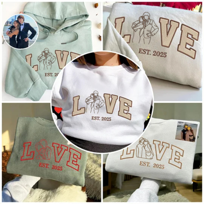 Custom Embroidered Outline Photo Couple LOVE Est Year Sweatshirt/Hoodie/T-shirt
