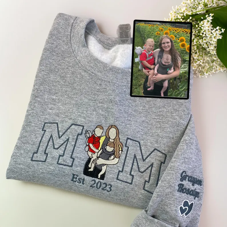 Custom Mama Sweatshirt, Photo Hoodie, Embroidered Mama and Kids Portrait, Varsity Shirt, Personalized Embroidery Shirt for Mom